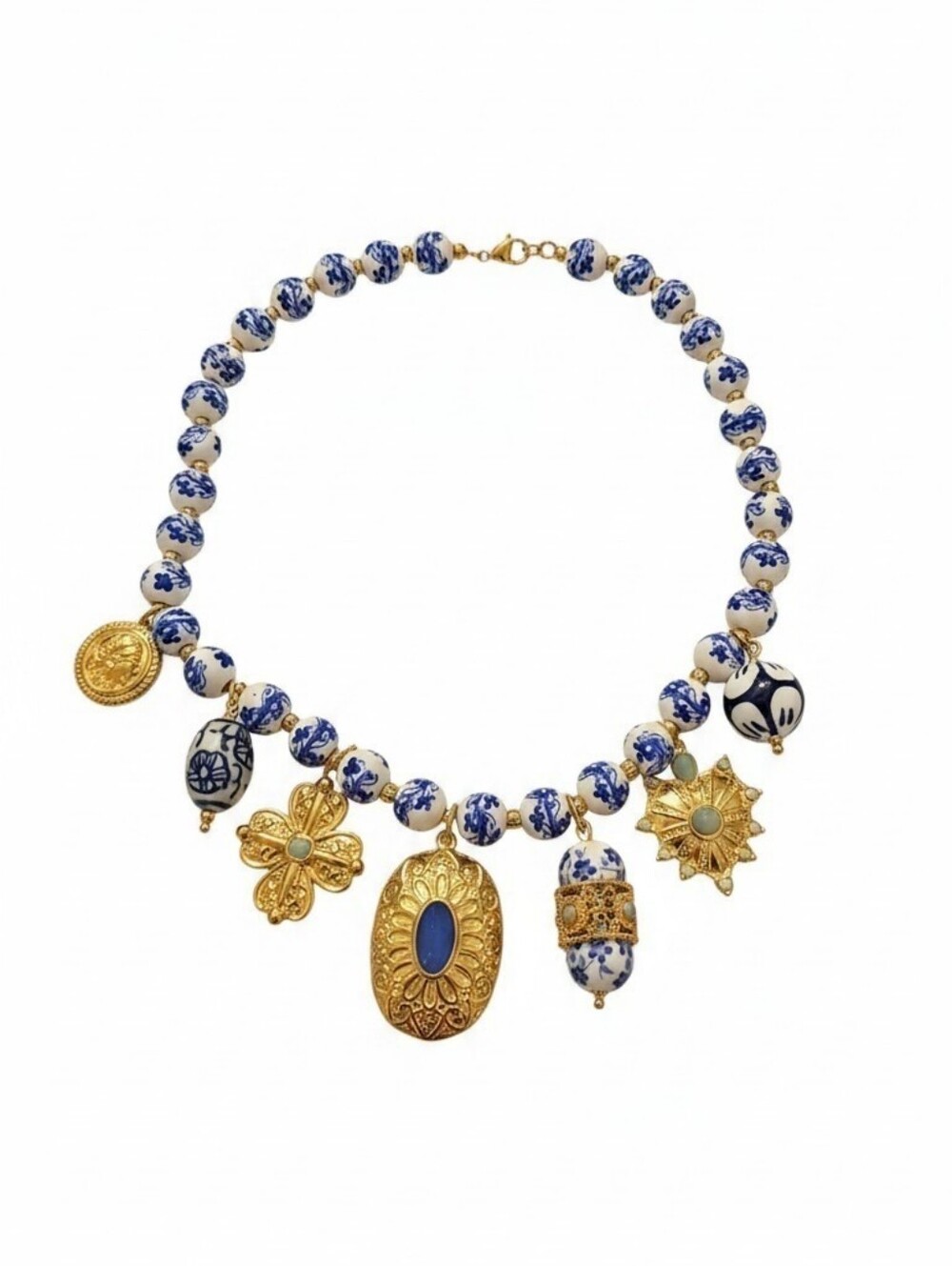 Nwt Sassified  Boutique Gold & Blue Ceramic Beaded Charm Necklace